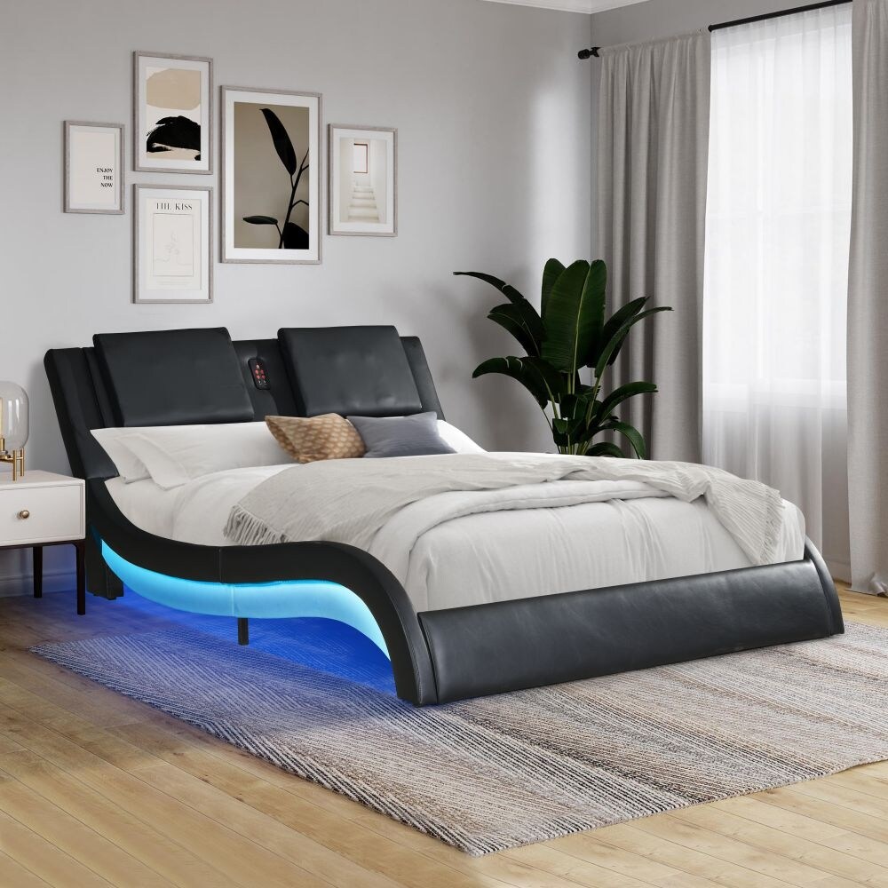 Faux Leather Upholstered Platform Bed Frame with Led Lighting No Box Spring Needed Queen