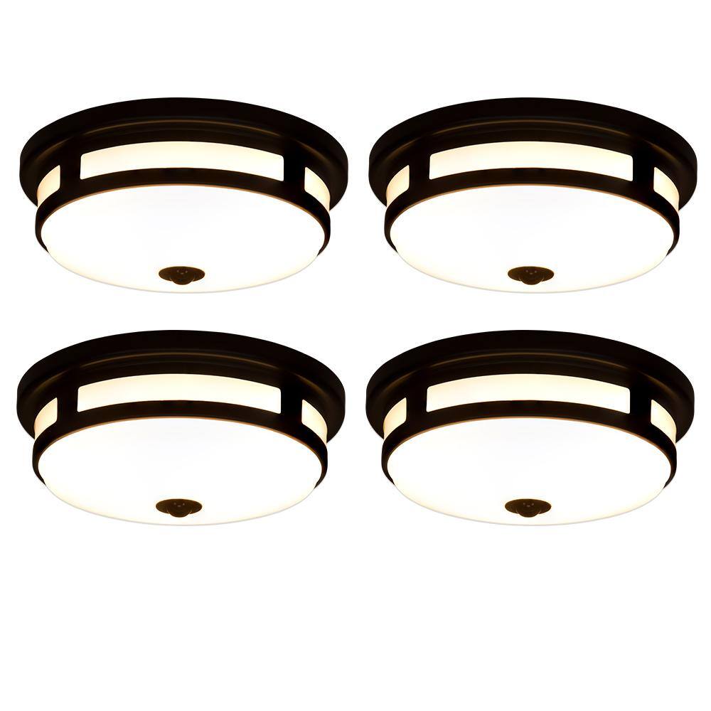 Hampton Bay Greenhaven 11 in. 1-Light Matte Black Motion Sensor LED Outdoor Flush Mount Ceiling Light Color Selectable (4-Pack) 564281011-4PK