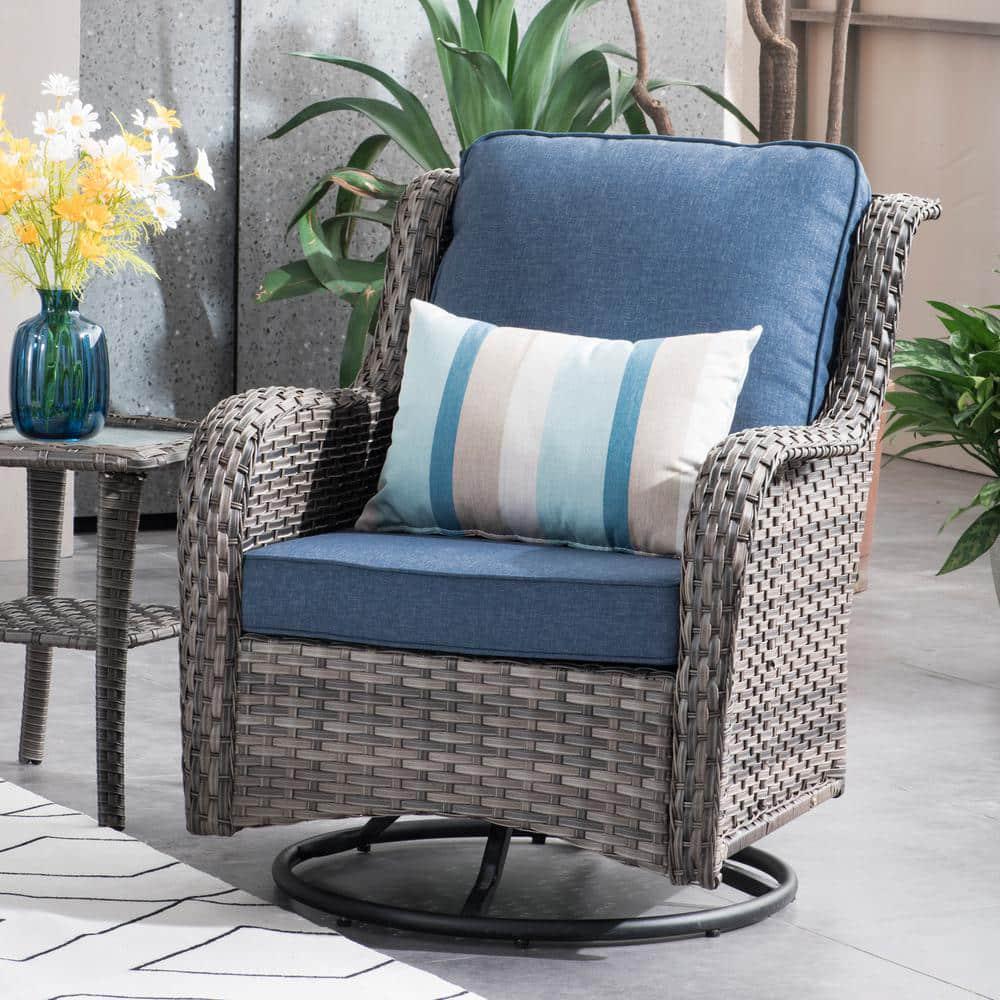 OVIOS Joyoung Gray 3Piece Wicker Outdoor Patio Conversation Seating Set with Denim Blue Cushions and Swivel Rocking Chairs