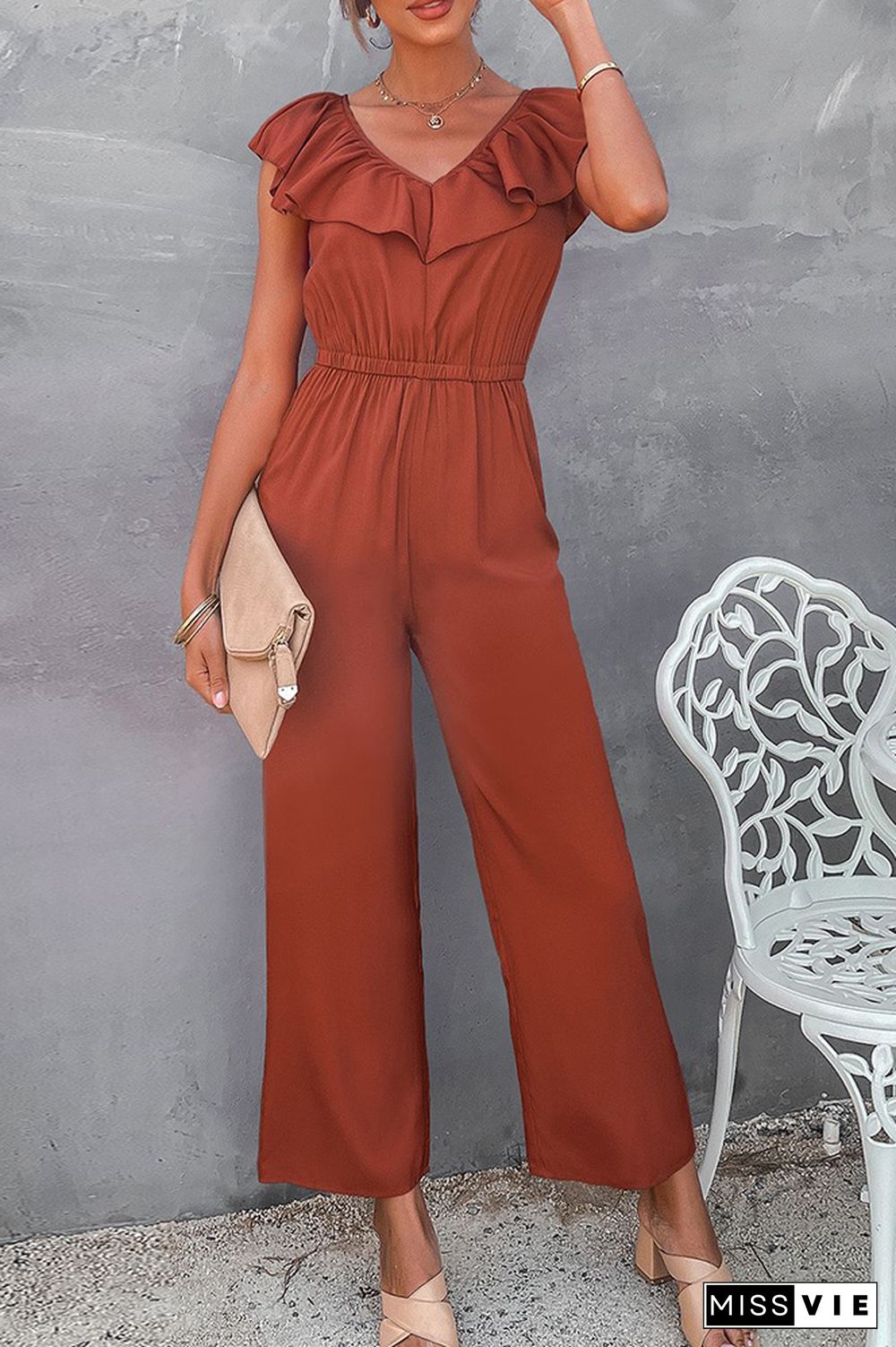 Ruffle V-neck Sleeveless Waisted Jumpsuit Wholesale