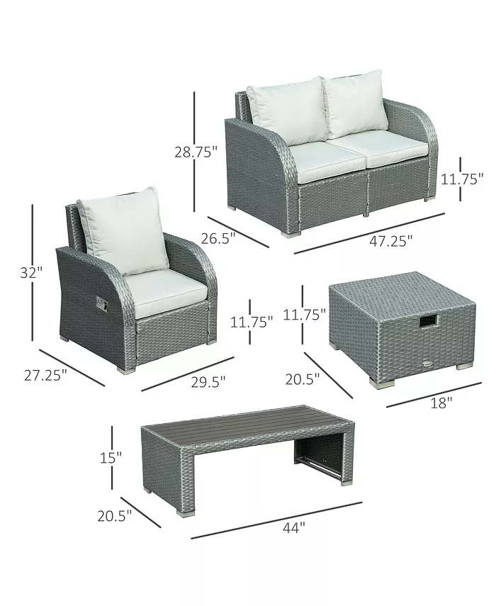 Outsunny 6-PCs Patio Furniture Sets Outdoor Wicker Sofa Set Rattan Angle Adjustable Recline Single Chair Conversation Set Ottomans w  Polyester Tea Table Gas Spring  and Soft Washable Cushions Grey