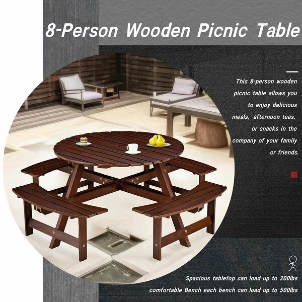 Outdoor 8 Person Round Picnic Table with Bench，Umbrella Hole for Garden，Backyard，Porch，Patio