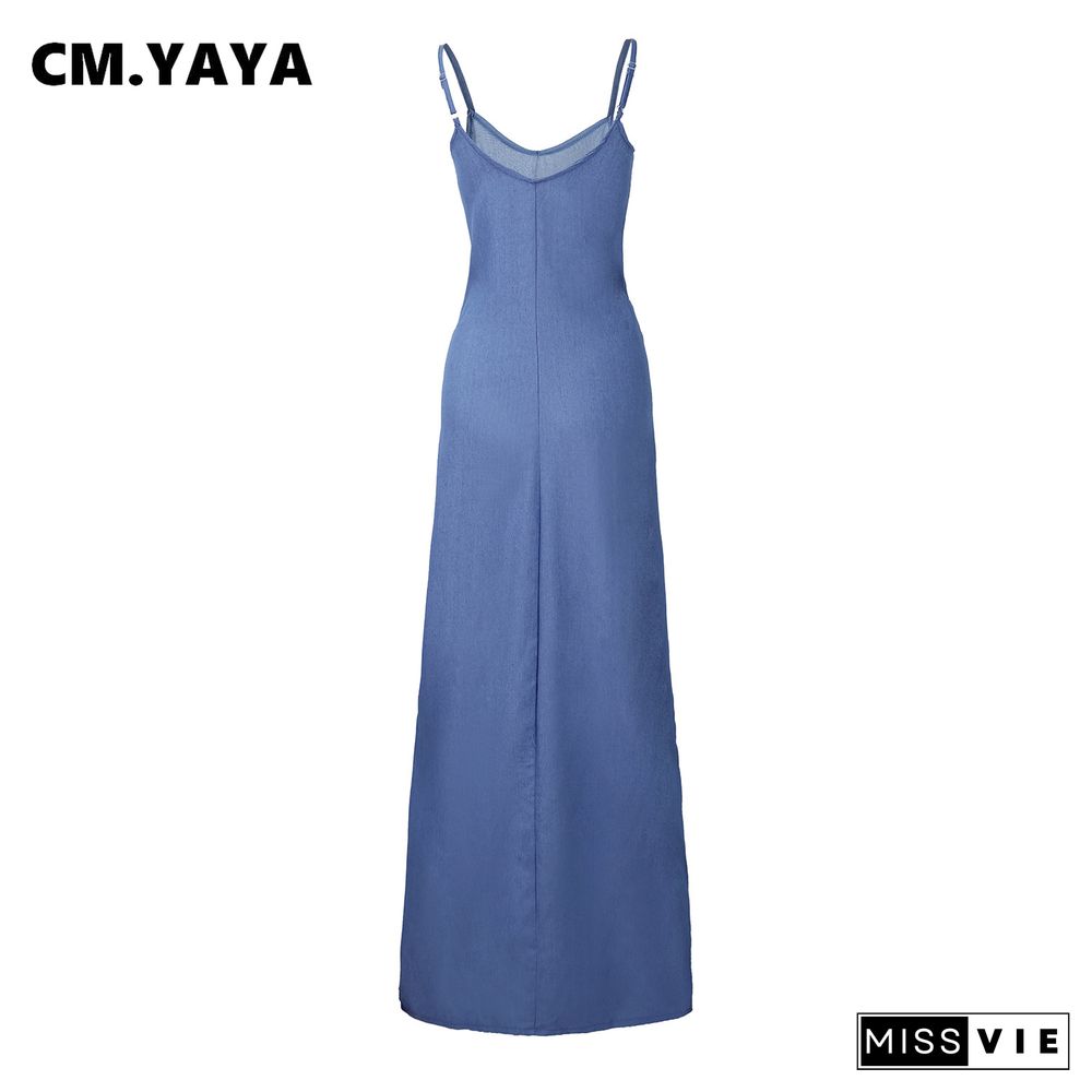 CMYAYA Women Summer S-3XL Denim Sexy Maxi Dress Party Club Outside Loose Long Strap Sleeveless Dresses Outfits