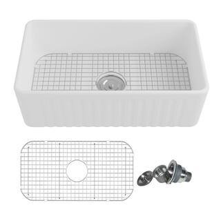 DEERVALLEY Harvest White Ceramic 30 in. L x 18 in. W Rectangular Single Bowl Farmhouse Apron Kitchen Sink with Grid and Strainer DV-1K026