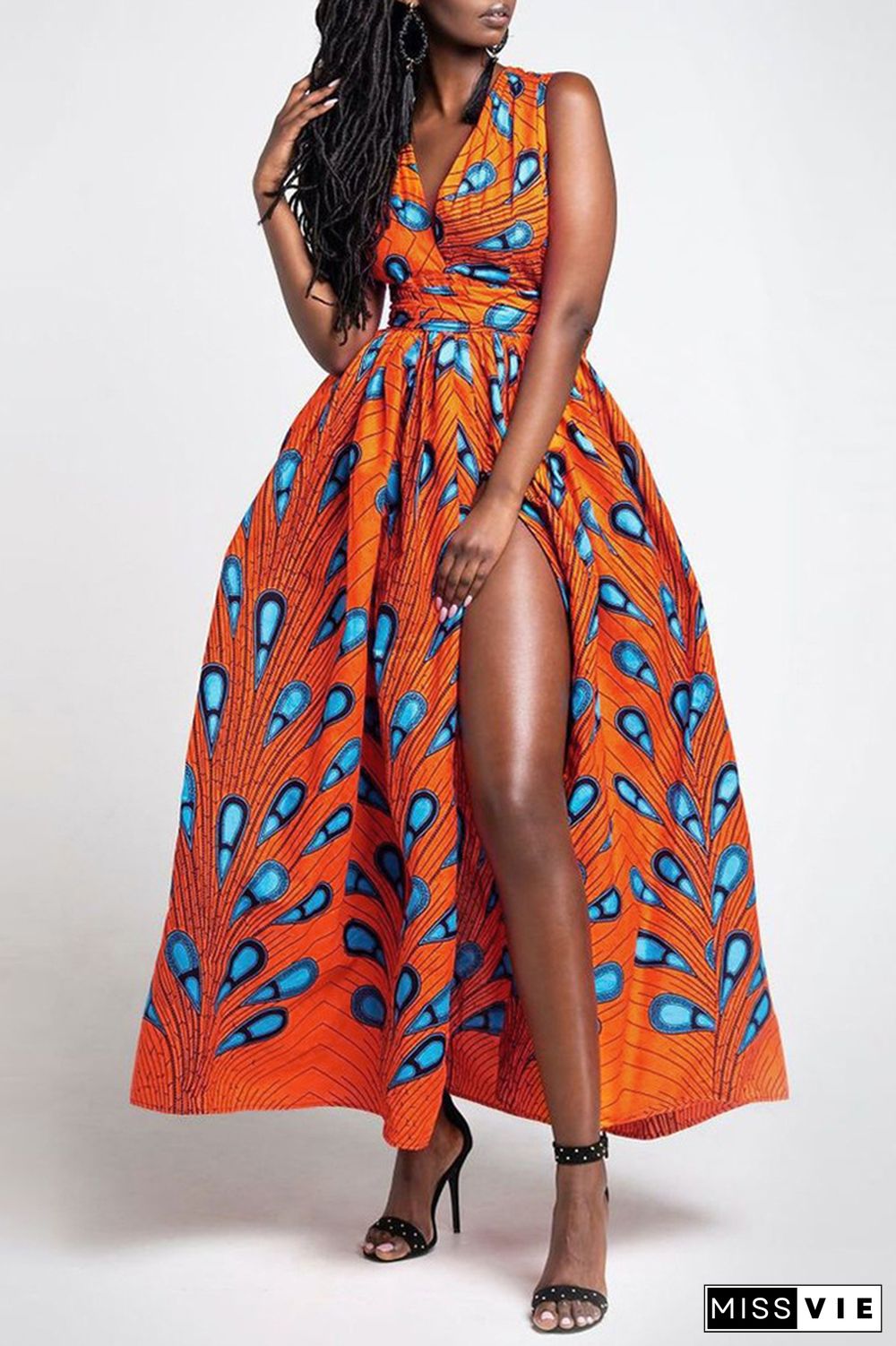 Blue Vintage Print Patchwork Backless V Neck A Line Dresses