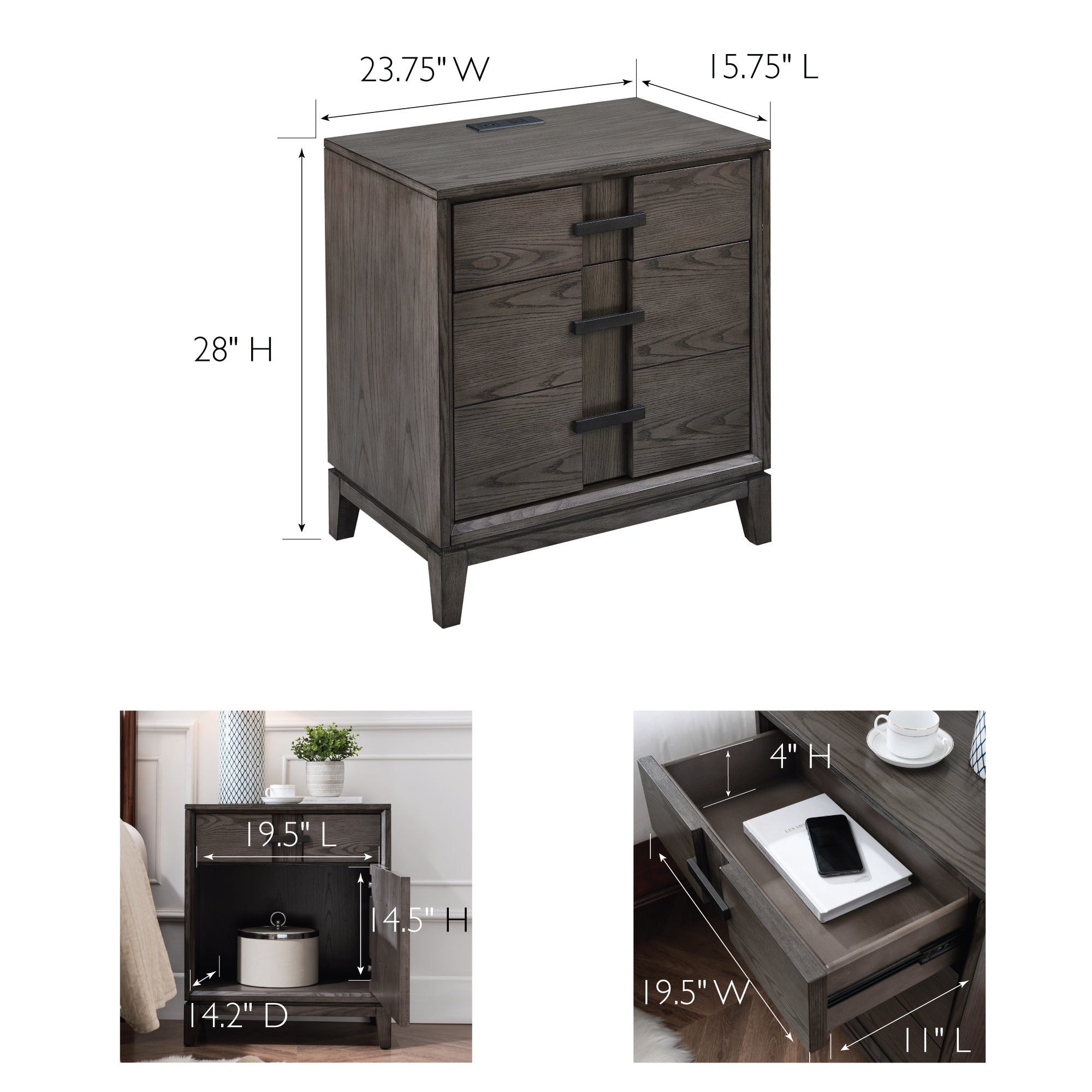 Design House Oak Recessed Design Side Table Cabinet with AC/USB in Smoke Gray