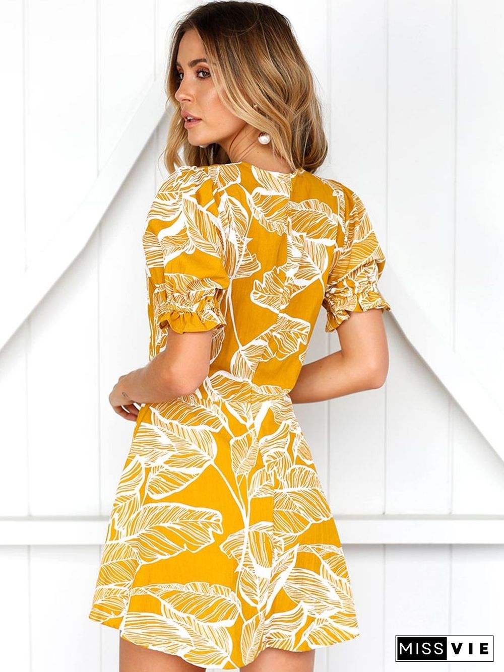 Yellow Short Sleeve Deep V-Neck Mini Dress