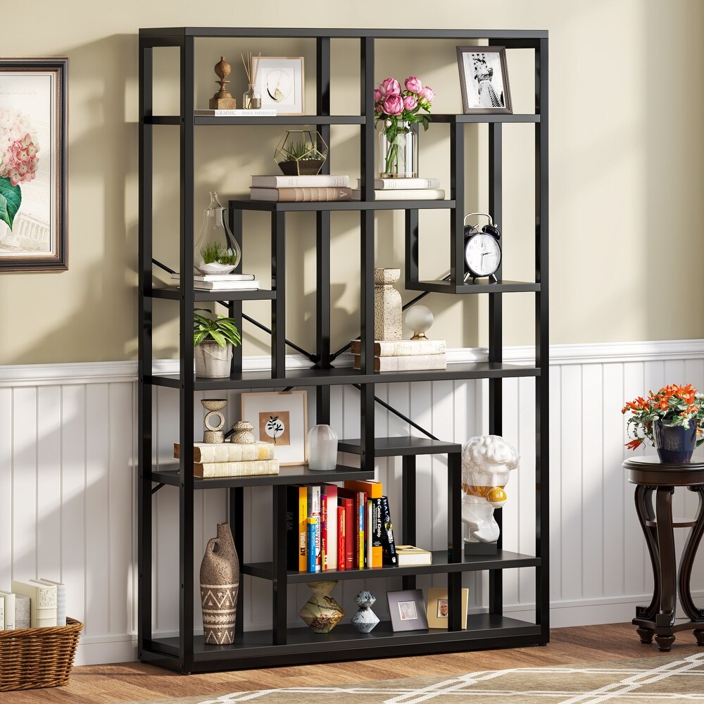 Black Bookshelf 47” Bookcase 9 Tier Tall Book Shelf Rustic Display Shelf