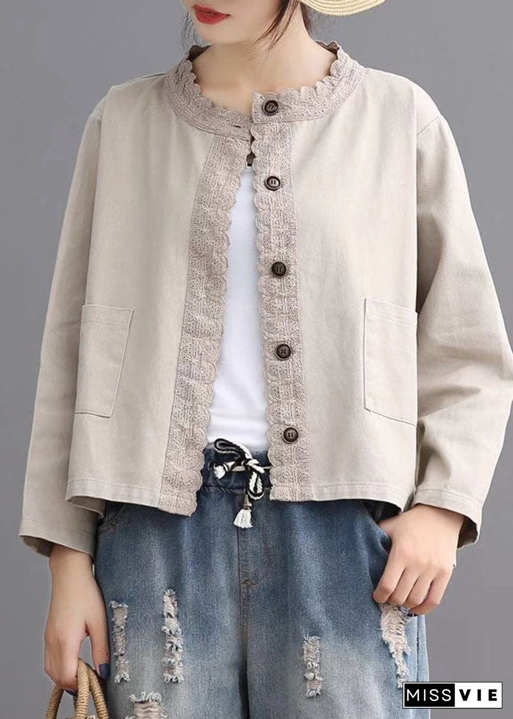 Loose Beige retro Denim Pockets Casual Coats Fall