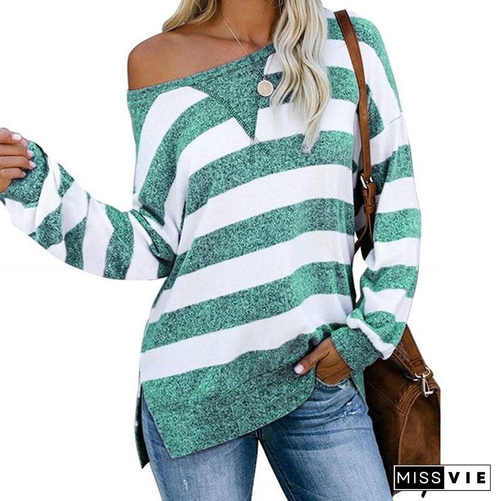 New Women Fashion Long Sleeve O Neck Striped Loose Plus Size Spring Pullover T-shirt Blouse