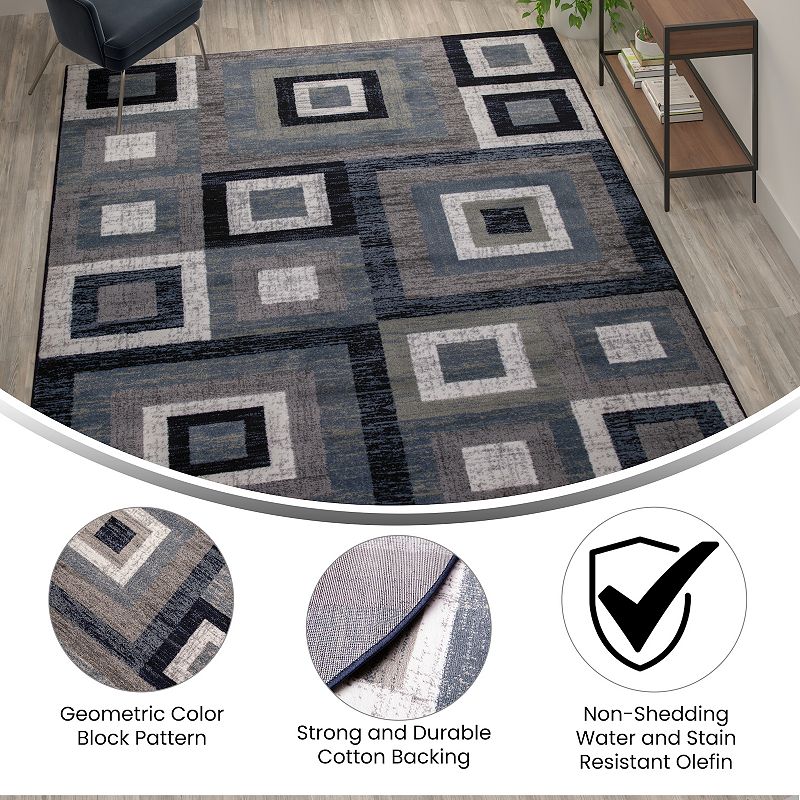 Masada Rugs Newton Collection Modern 8'x10' Accent Rug with Geometric Square Pattern in Blue， Gray and White