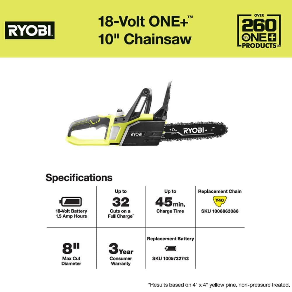 RYOBI ONE 18V 10 in Battery Chainsaw with 15 Ah Battery and Charger