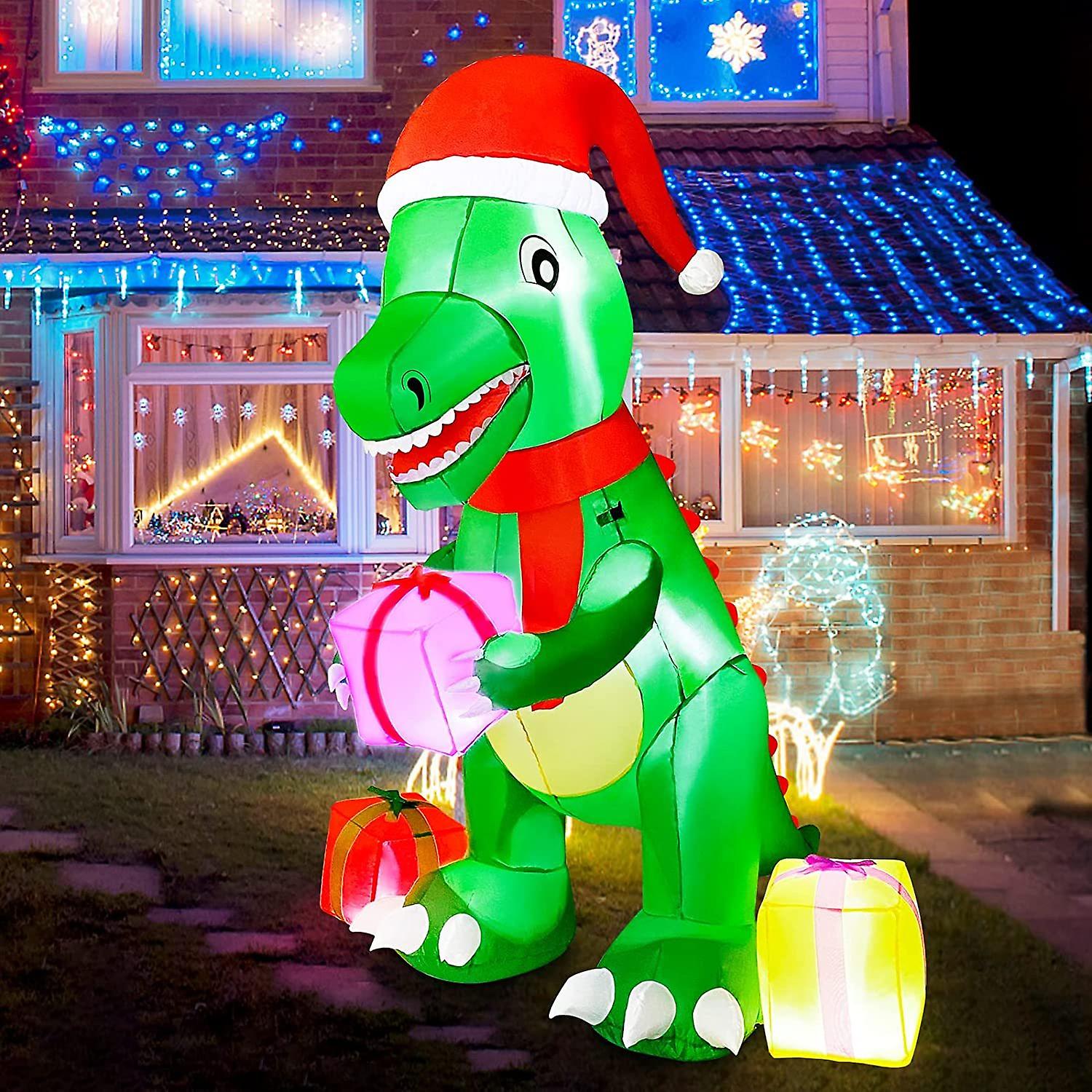 Christmas Inflatable Decoration 6ft Cute Dinosaur Give Gifts， Blow Up Christmas Dinosaur Inflatable With Build-in Leds For Xmas Party Indoor， Outdoor，