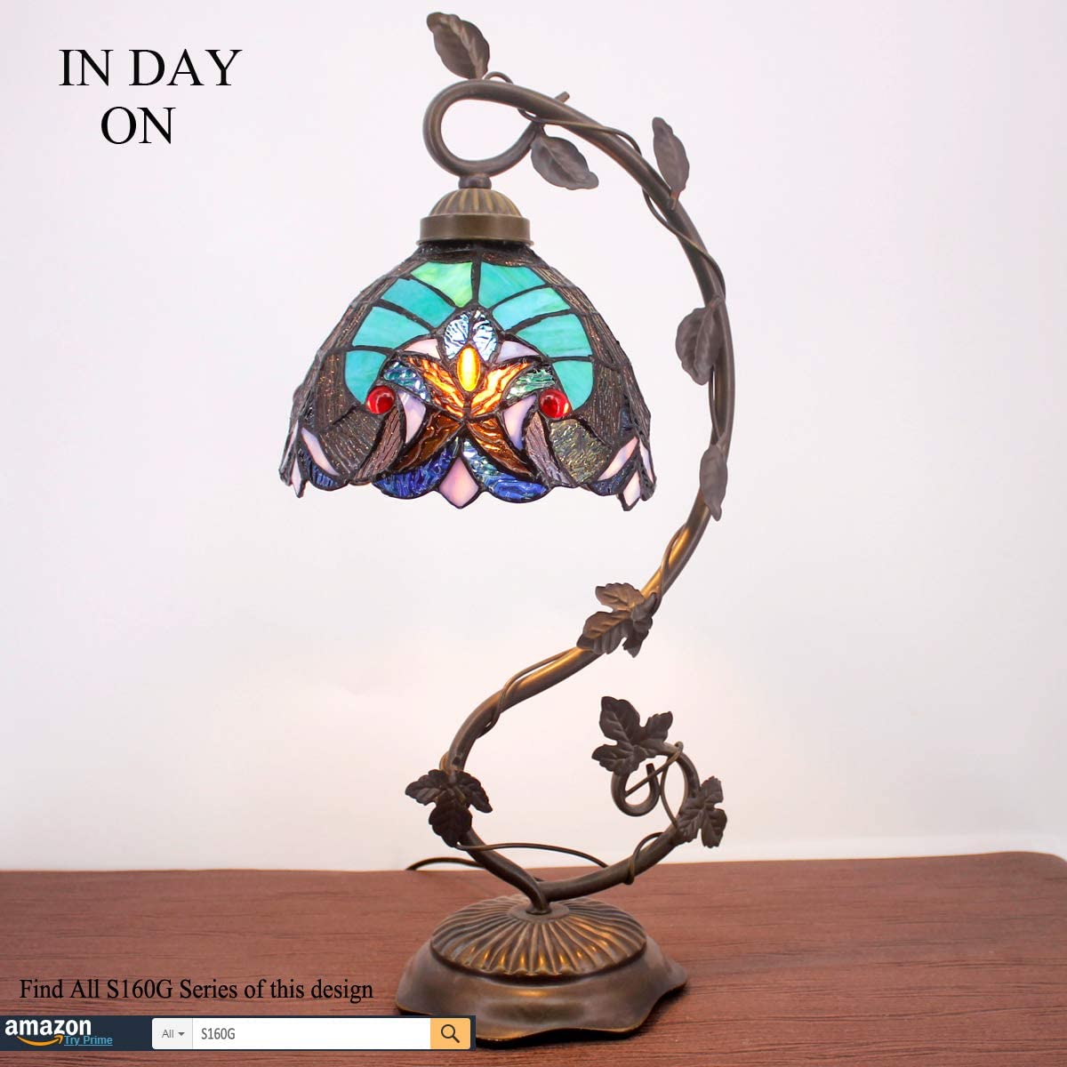 SHADY Stained Glass Lamp Tiffany Style Bedside Table Lamp Reading Desk Light  Metal Leaf Base 8X10X21 Inches Decor Small Space Bedroom Home Office S160G Series