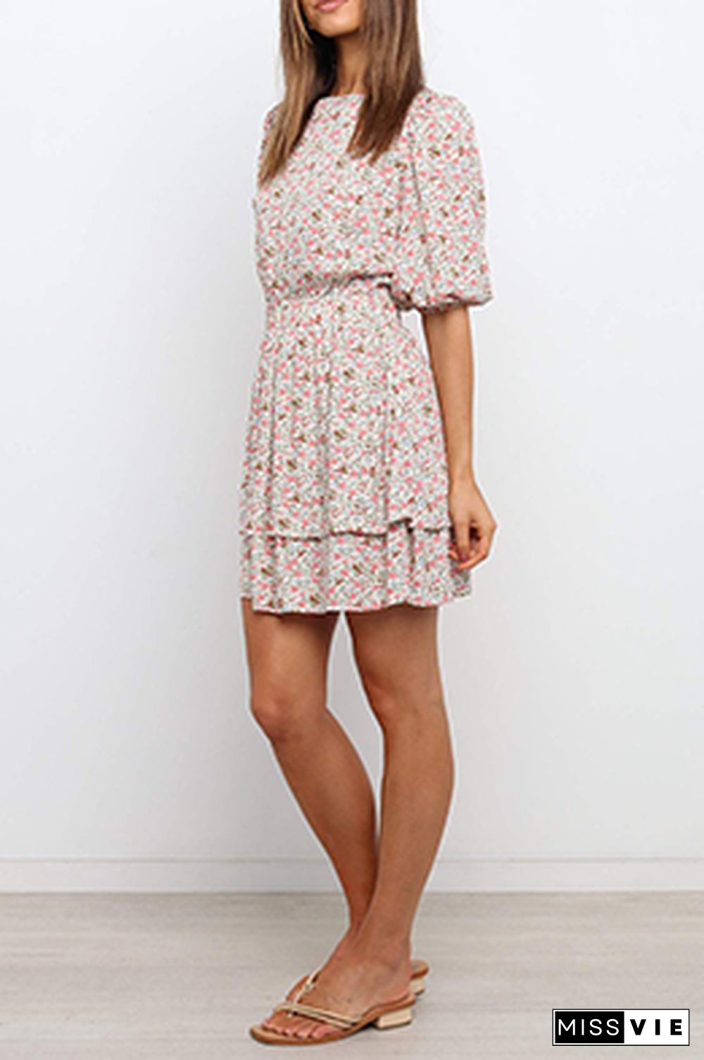 Casual Sweet Floral Split Joint Flounce O Neck Waist Skirt Dresses