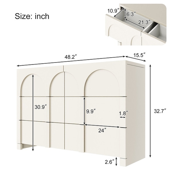 White French Style 6 Drawer Double Dresser， Rubber Wood Accent Storage Cabinet with Arch Door， Closet Chest of Drawers - - 37838436