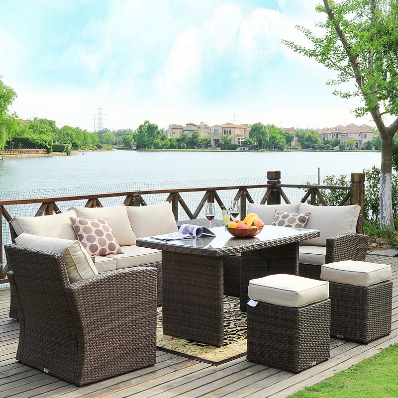 7-Piece Brown Wicker Outdoor Patio Conversation Seating Sofa Set with Cushions