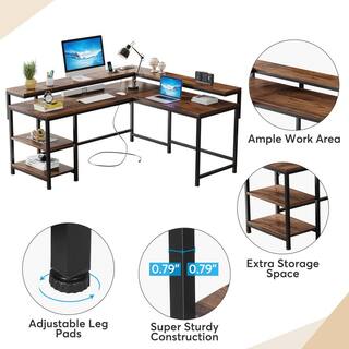 Perry 78.7 in. L Shaped Rustic Brown Wood Computer Desk with Power Outlets Monitor Stand and Storage Shelves HD-YU220389