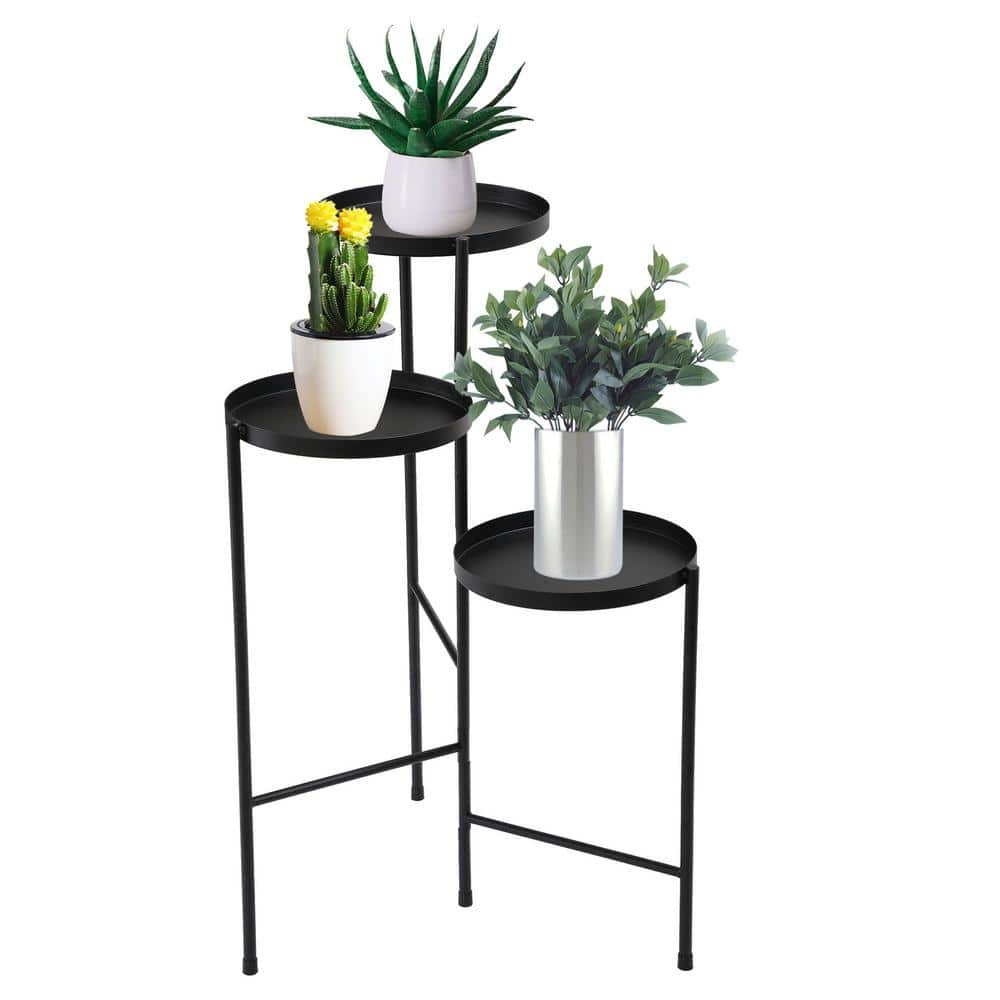 JAXPETY 30 in. Metal Corner Plant Stand in Black Indoor/Outdoor (3-Tier) HG61W0938