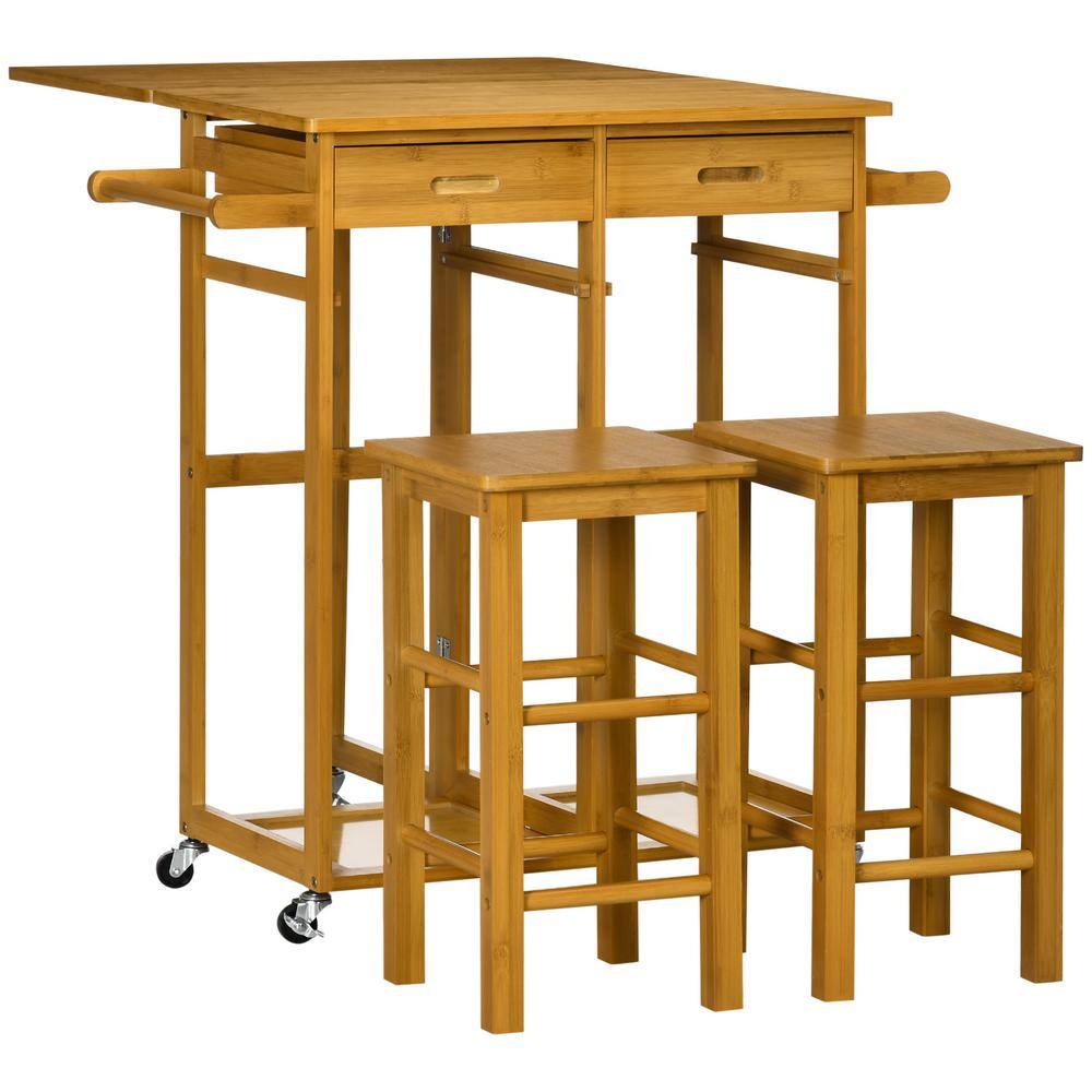 HOMCOM 3 Pieces Kitchen Island On Wheels with Drop Leaf Table Bar Table and Chairs Set Rolling Bamboo Breakfast Cart Brown 835-877V00BN