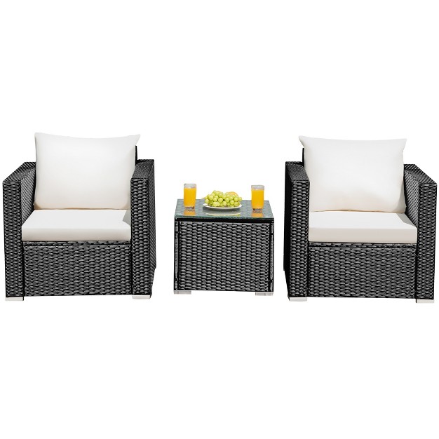 Costway 3pcs Patio Wicker Furniture Set Conversation Rattan Sofa Set W cushion Garden