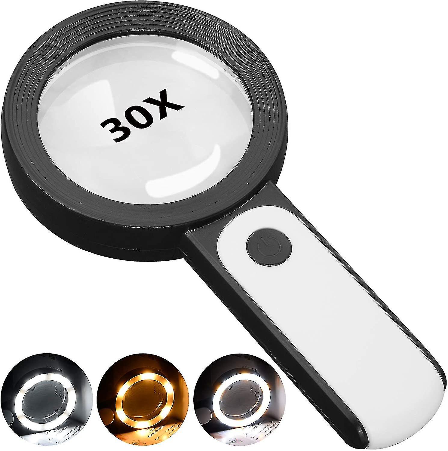 Magnifying Glass With Light， 30x Handheld Large Magnifying Glass 18led Cold And Warm Light With 3 Modes， Illuminated Lighted Magnifier For Seniors Rea