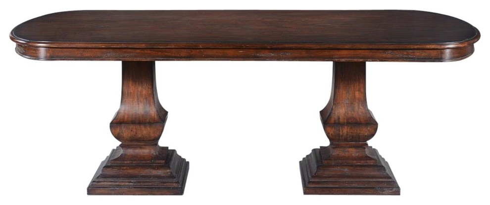 Pastry Table Tuscan Italian Dark Rustic Pecan Wood Double Pedestal   Traditional   Console Tables   by EuroLuxHome  Houzz