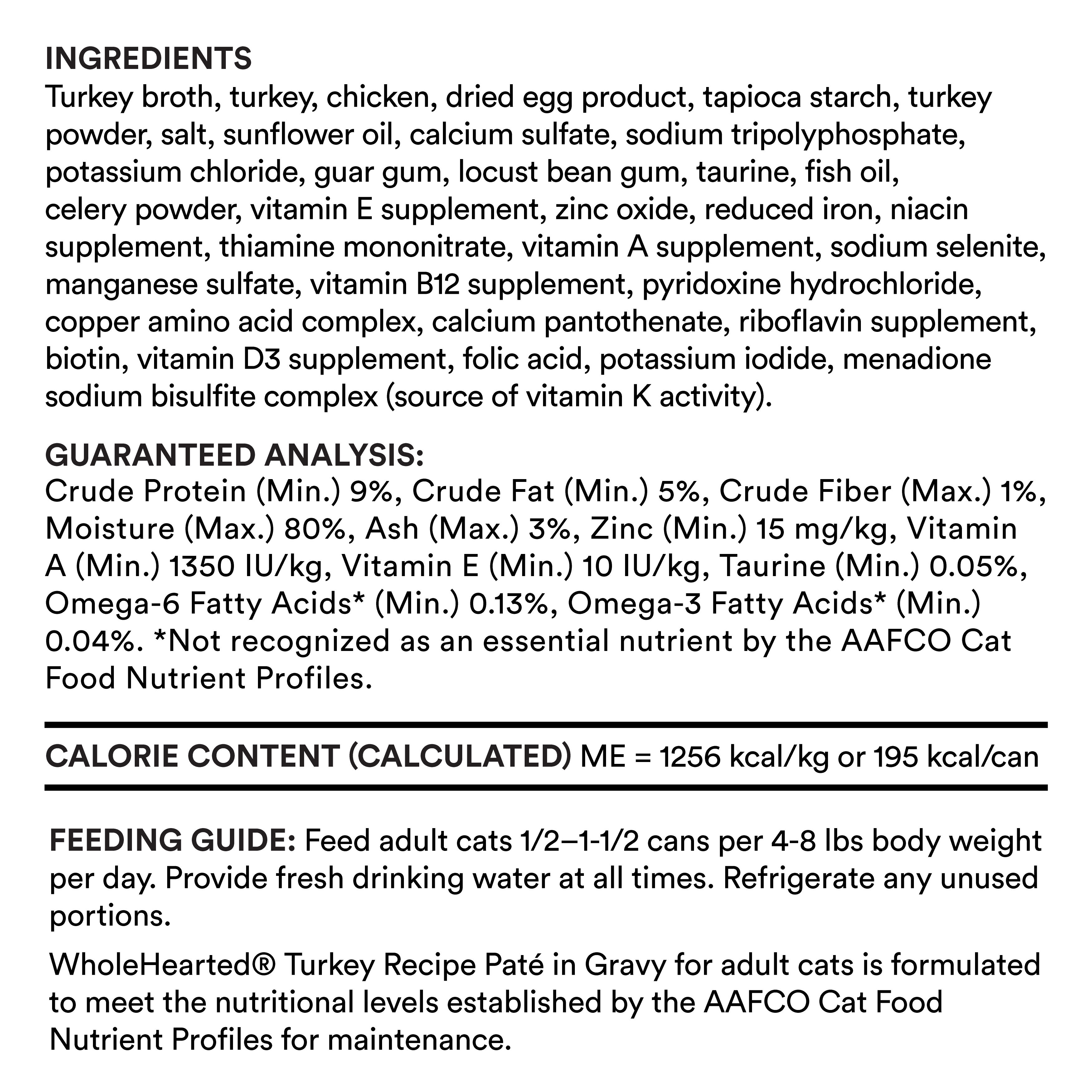 WholeHearted Grain Free Turkey Recipe Pate Adult Wet Cat Food， 5.5 oz.