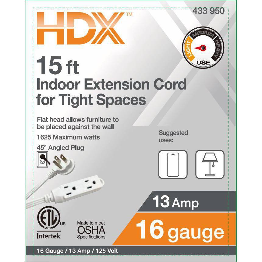 HDX 15 ft. 163 Light Duty Indoor Tight Space White Extension Cord with Banana Tap 20T-00555