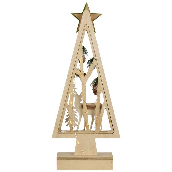 Lighted Wooden Christmas Tree with Star and Reindeer Woodland Scene