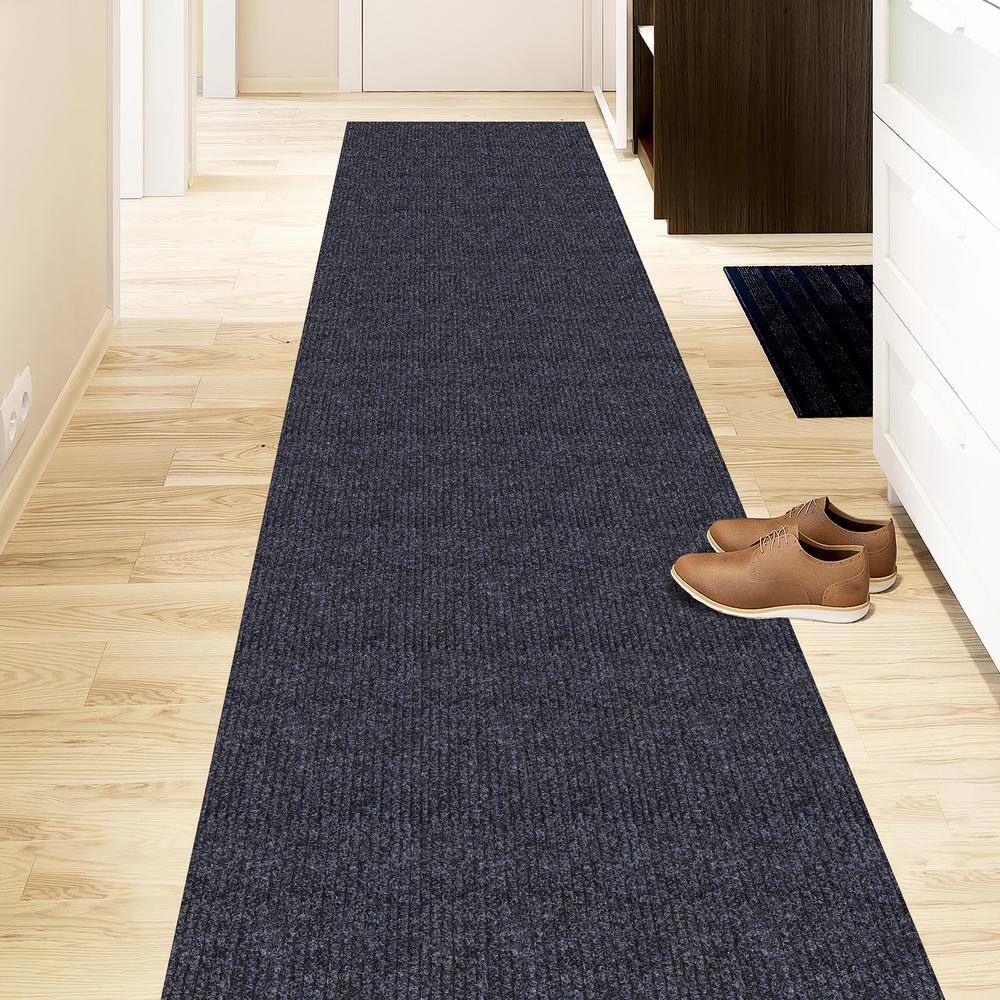 Sweet Home Stores 2 ft. W x 19 ft. L Black Ribbed Waterproof Non-Slip Rubber Back Solid Runner Rug Polypropylene Garage Flooring SH-SRT704-2X19