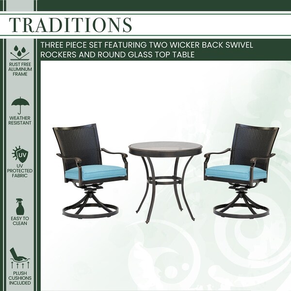 Hanover Traditions 3Piece Dining Set with 2 Wicker Back Swivel Rockers and 30 in. Round GlassTop Table