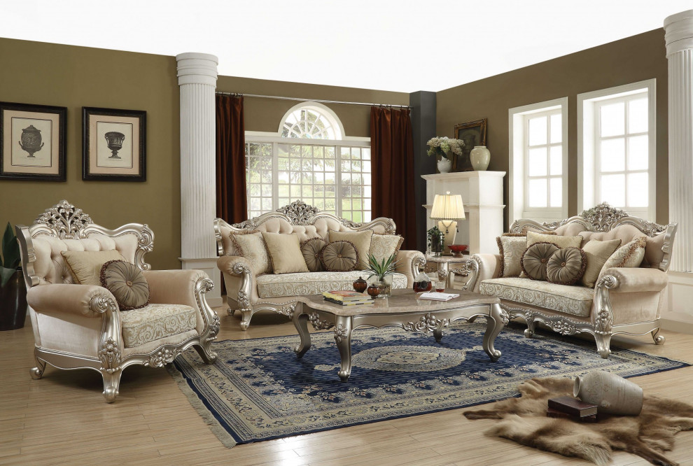 41 quotX 72 quotX 49 quotFabric Champagne Upholstery Wood Legtrim Loveseat W5 Pillows   Victorian   Loveseats   by HomeRoots  Houzz