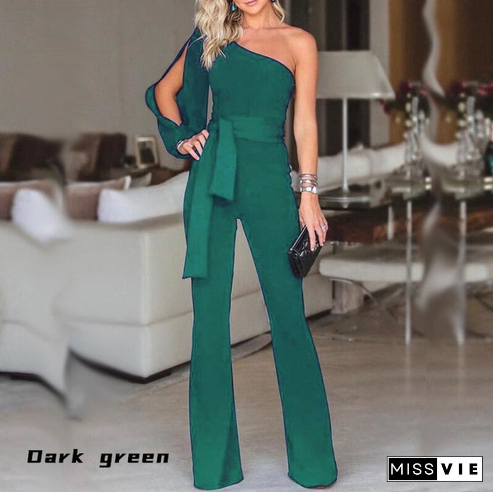 New Women Fashion Belted Overalls Pure Color Personality Oblique Shoulder Long Jumpsuit