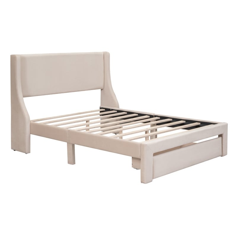 Full Size Bed Frame with A Storage Drawer  Velvet Upholstered Platform Bed with Wingback Headboard and Slat Support