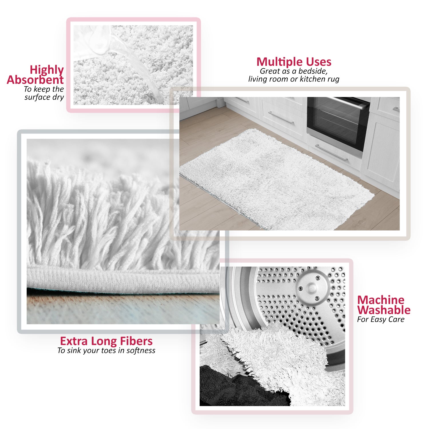 Clara Clark Set of 3 Shaggy Bath Rug with Non-Slip Backing Rubber - Machine Washable Super Soft Bathmat - Plush Absorbent Bathroom Rug， Small Large and Contour， White