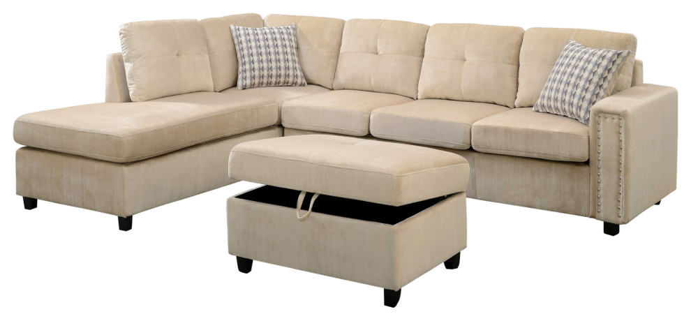 Beige Velvet Stationary L Shaped Sofa And Chaise   Transitional   Sectional Sofas   by HomeRoots  Houzz