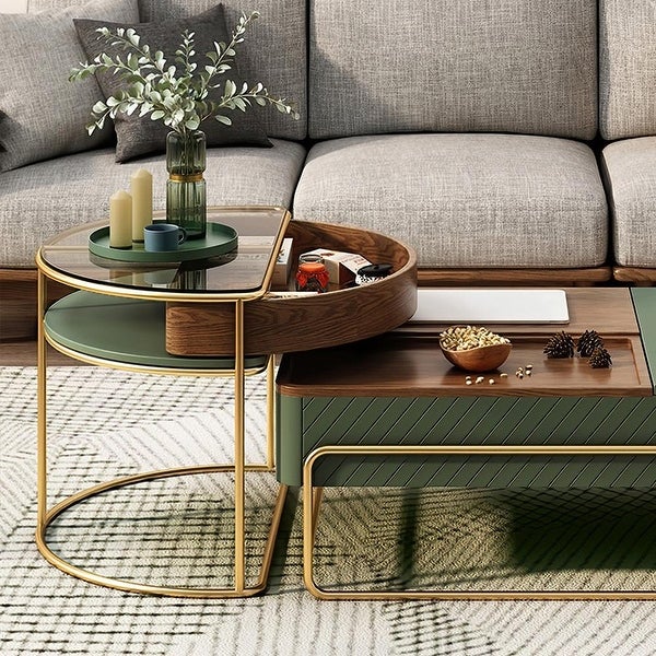 Lift-top Modern Nesting Coffee Table Set with Drawer， Tempered Glass Top Side Table