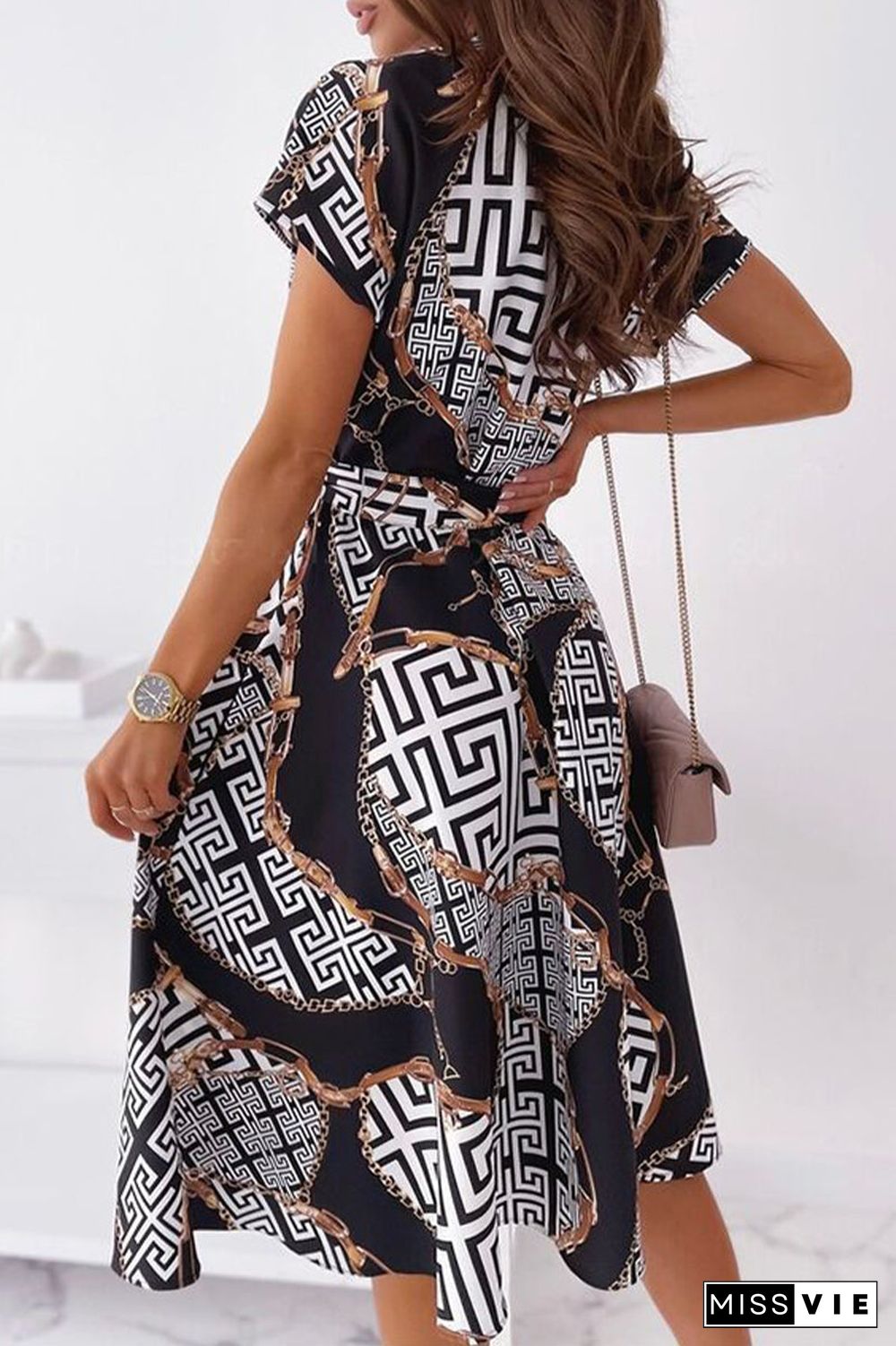 Celebrities Elegant Print Patchwork V Neck Shirt Dress Dresses