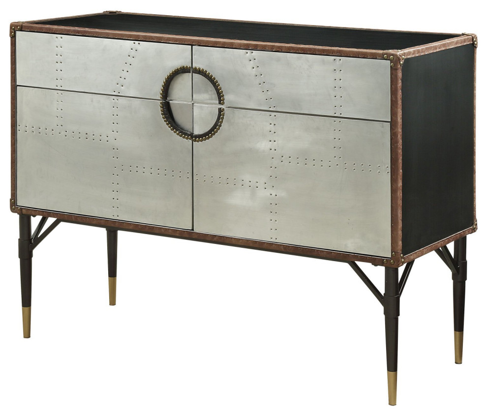 Industrial Console Table  Faux Leather Details  ampAluminum Accented Drawers/Doors   Industrial   Console Tables   by Decor Love  Houzz