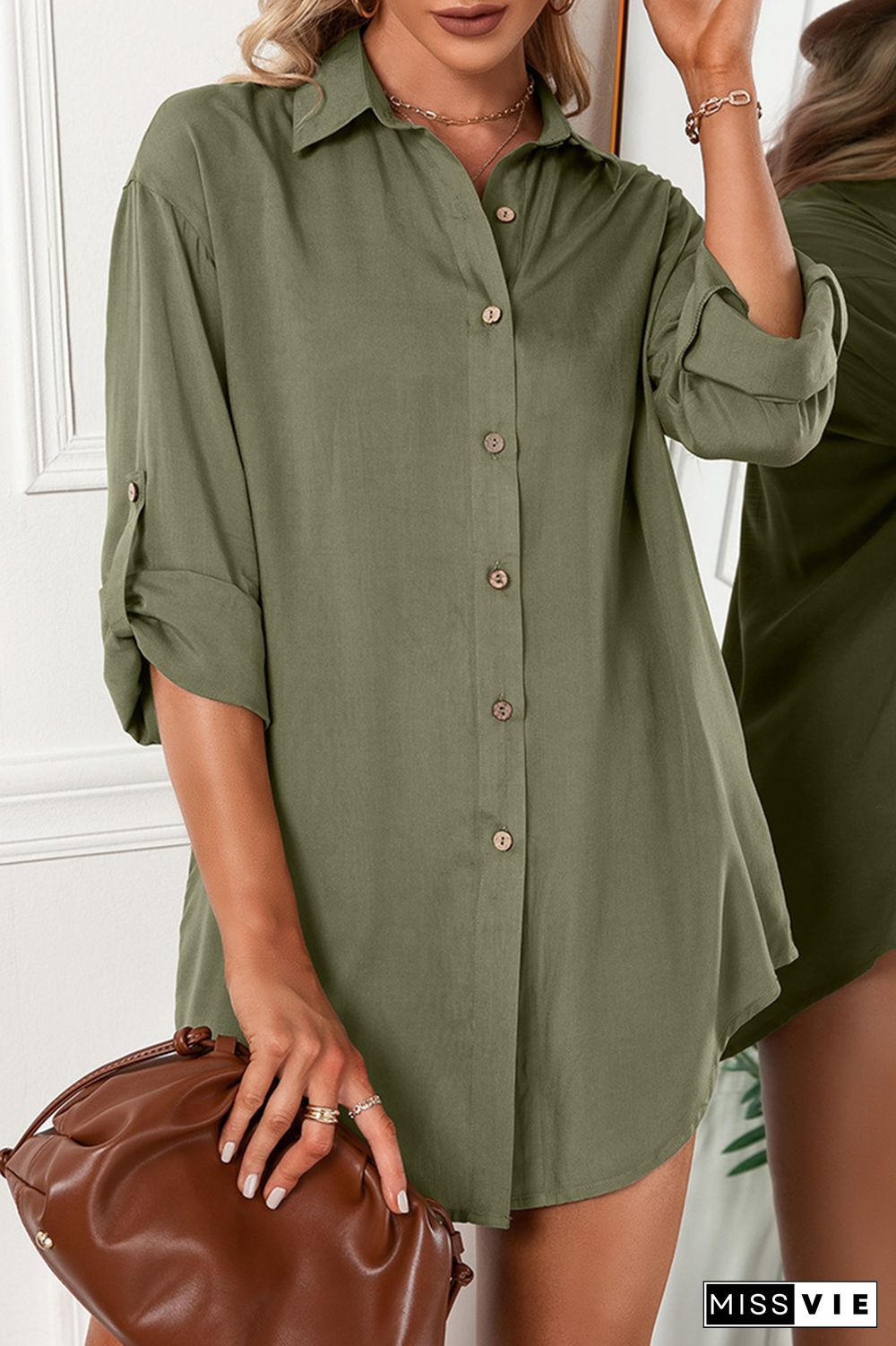 Casual Solid Buckle Turndown Collar Shirt Dress (6 Colors)