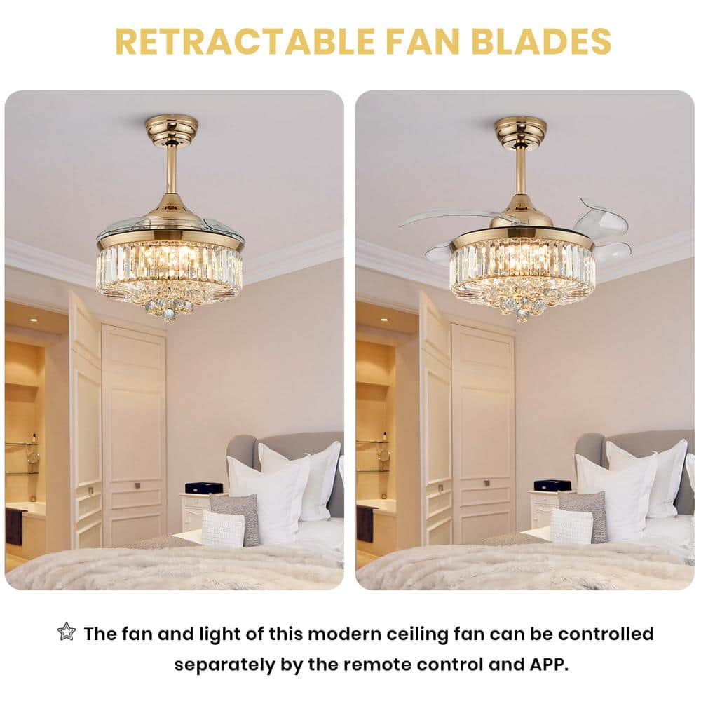 ANTOINE 36 in Integrated LED Indoor Gold Crystal Chandelier Retractable Blades Ceiling Fan with Light and Remote