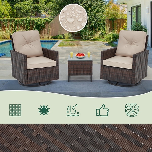 AVAWING 3 PCS Outdoor Wicker Swivel Rocking Chairs with Tempered Glass Side Table