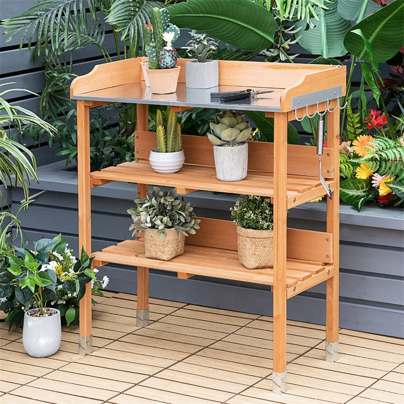 Outdoor Wooden Garden Potting Bench Work Station Storage Shelf with Hook