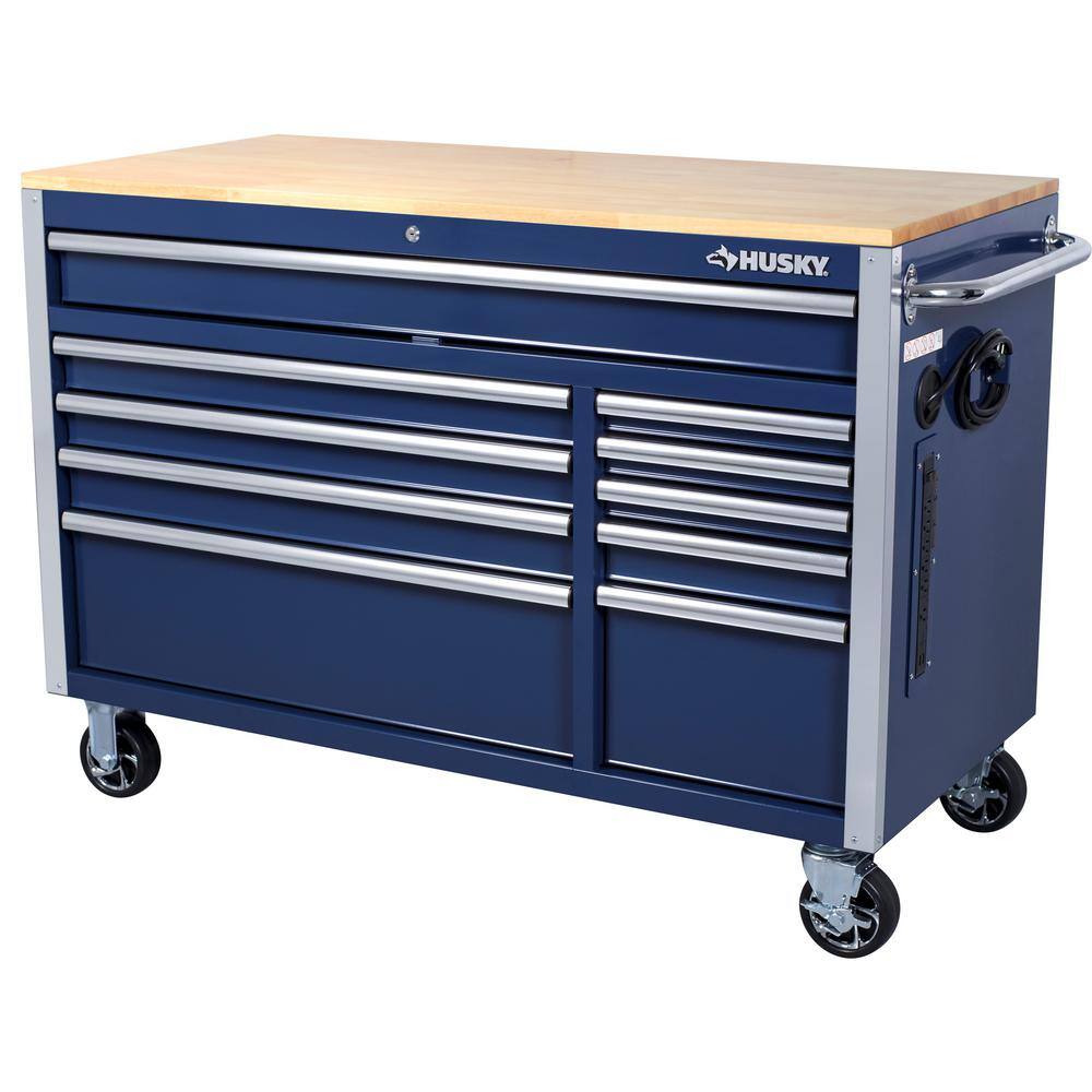 Husky 52 in. W x 24.5 in. D Standard Duty 10-Drawer Mobile Workbench Tool Chest with Solid Wood Work Top in Gloss Blue H52MWC10BLU