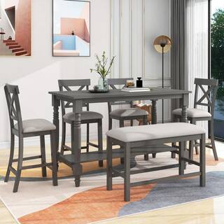 Qualler Gray 6-Piece Wood Top Dining Table with 4 Chairs and Bench DTM000064E