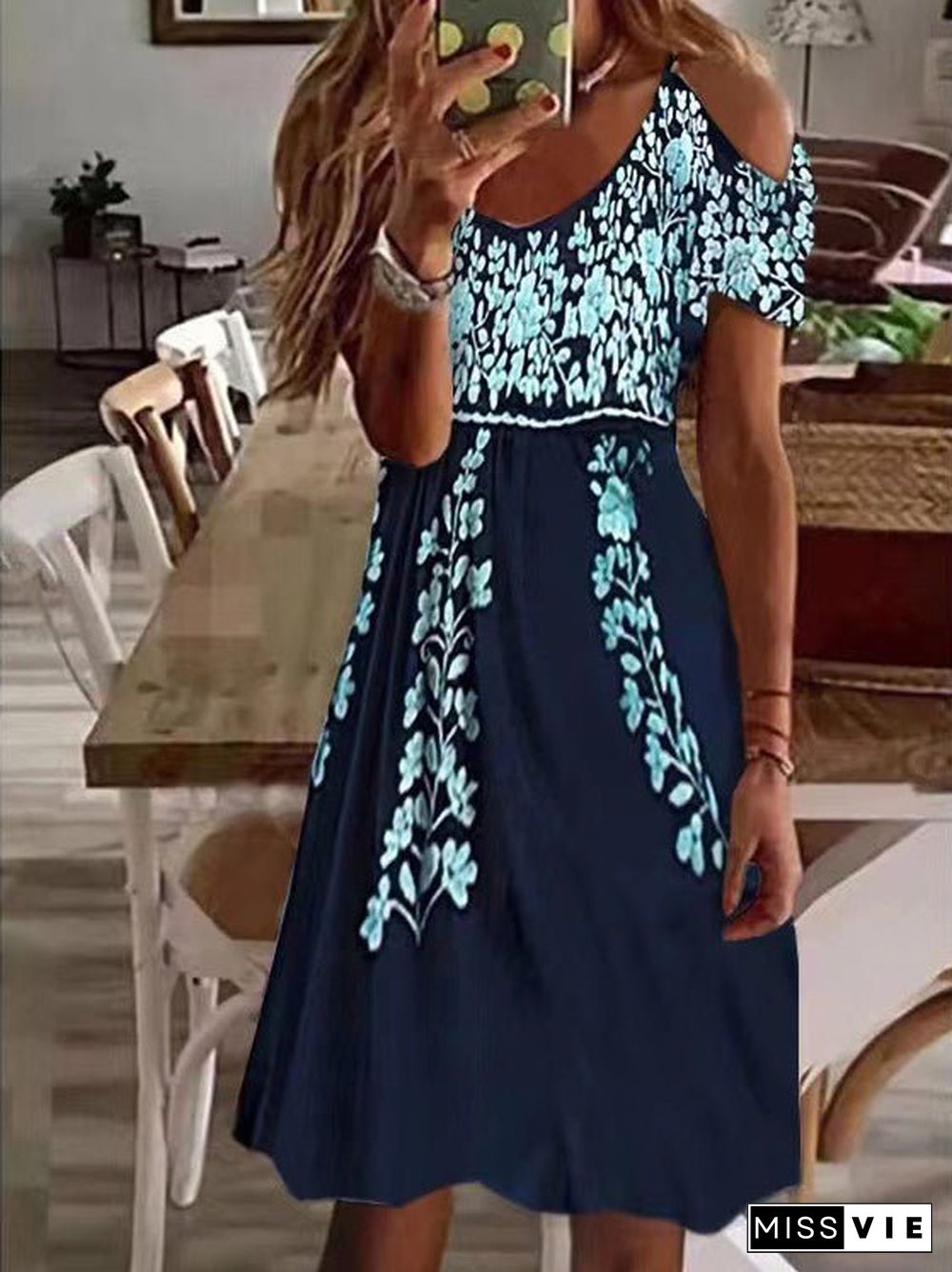 Women'S Dresses Printed V-Neck Off-Shoulder Short Sleeve Dress