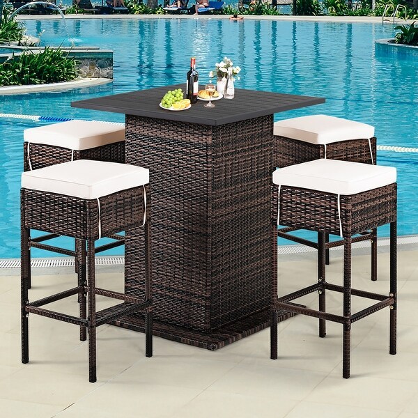 5 PCS Outdoor Rattan Bar Set Patio Bar Table with 4 Cushions Stools