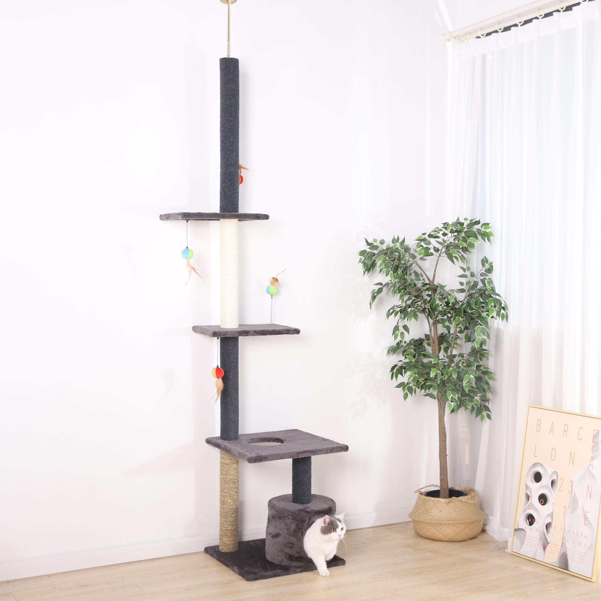 Cat Craft Three Tier Floor-to-Ceiling Cat Tree 7.5' - 9' with Cat Condo, Charcoal