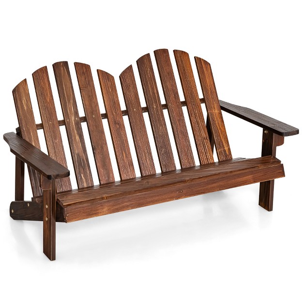 Costway 2 Person Adirondack Chair Kid Solid Wood Loveseat Backrest Arm Rest Patio Coffee white